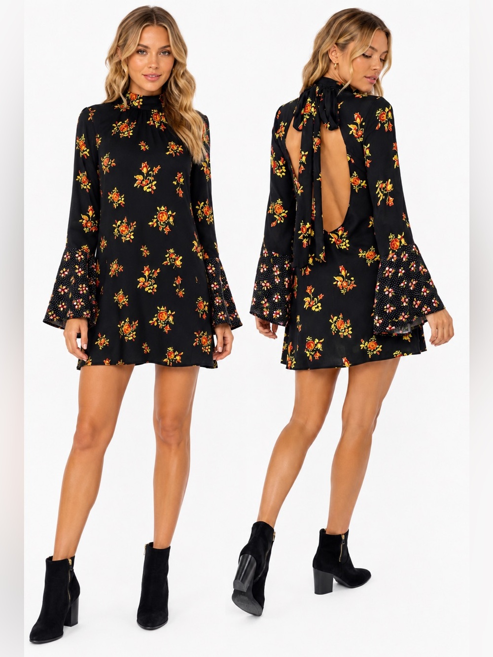 Free People NWT Black Floral Open Back Bell Sleeve bohemian Mini Dress SZ Med